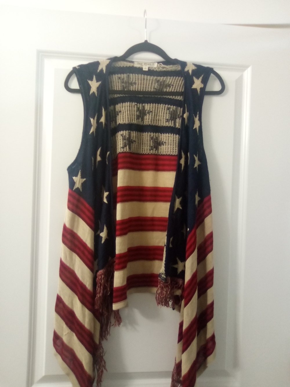 Say What? Navy,Red and Cream Open Knit Fringe Draped Patriotic Vest Size Medium